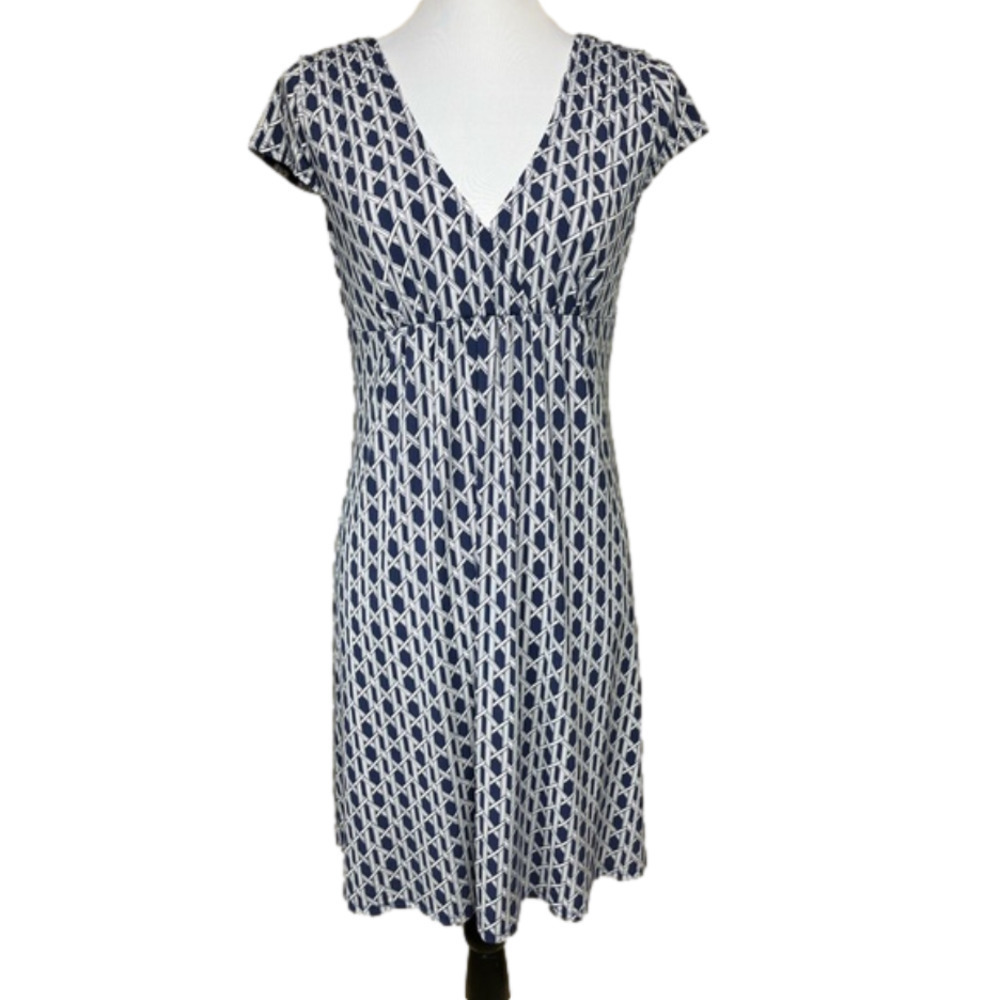 Laundry by Design Short Sleeve Pullover Low V-Neck Crossover Dress Blue/White 8